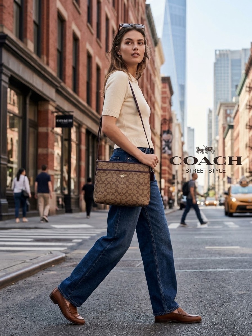 Coach Brown Signature Jacquard Crossbody Bag with Dark Brown Trim